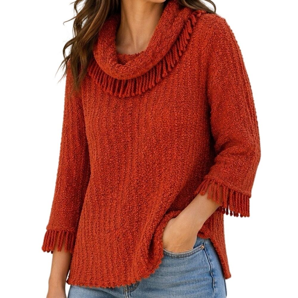 Ali Miles Sz Large Rust Reddish Brown Knit Wearable Art Blouse Shirt Top Artsy